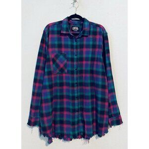 One 24 Rags Top Womens XXL Bright Plaid Flannel Fringe Hem Button Up Long Grunge